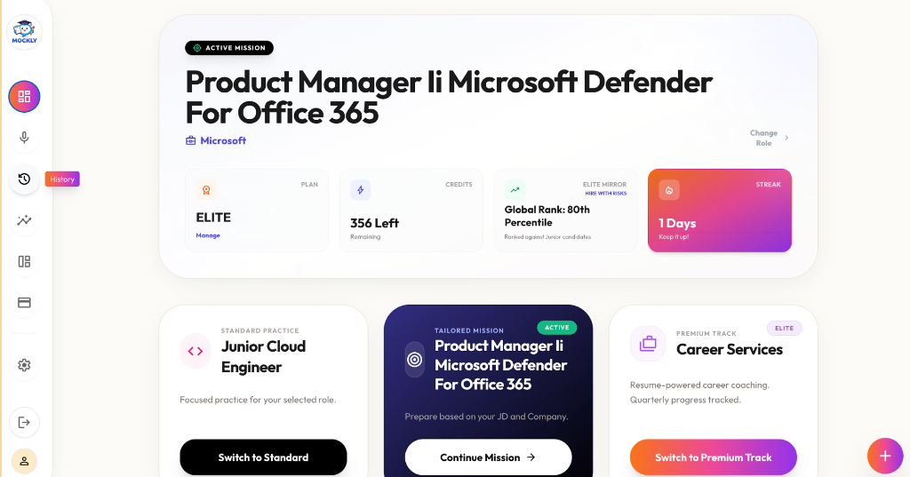Mockly Product Manager interview dashboard showing active mission with JD-matched rounds, Elite plan, and global rank
