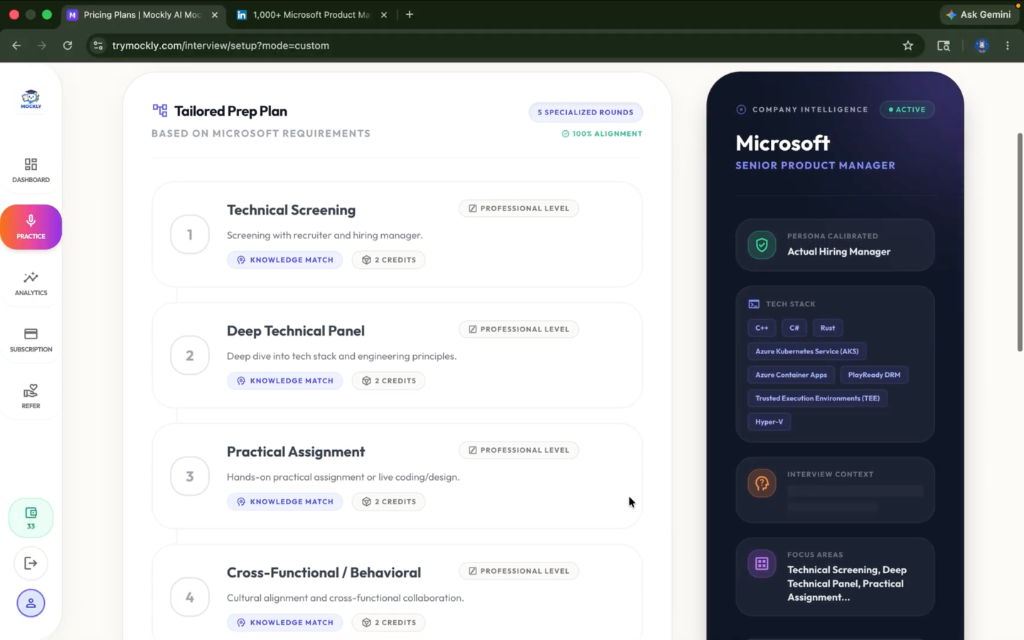 Mockly interview feedback showing overall score 60, key strengths, areas for growth, core competency scores, role alignment analysis, and speech analytics