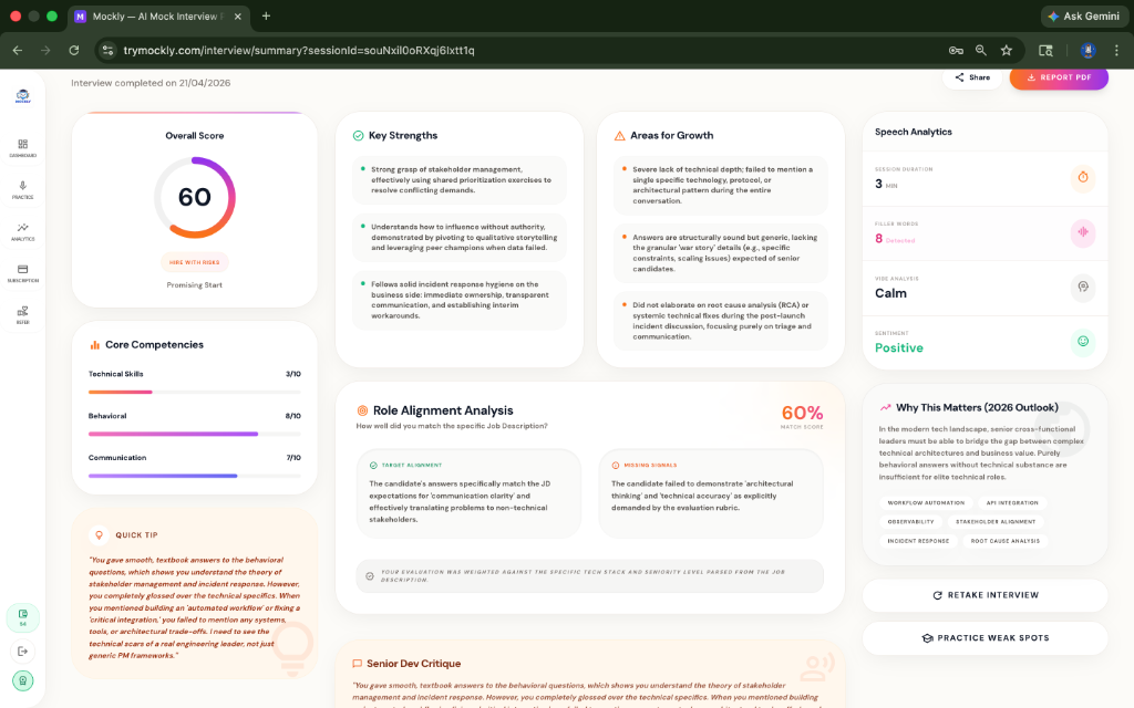 Mockly tailored prep plan showing Microsoft Senior Product Manager interview with 5 specialized rounds, 100% JD alignment, and company intelligence